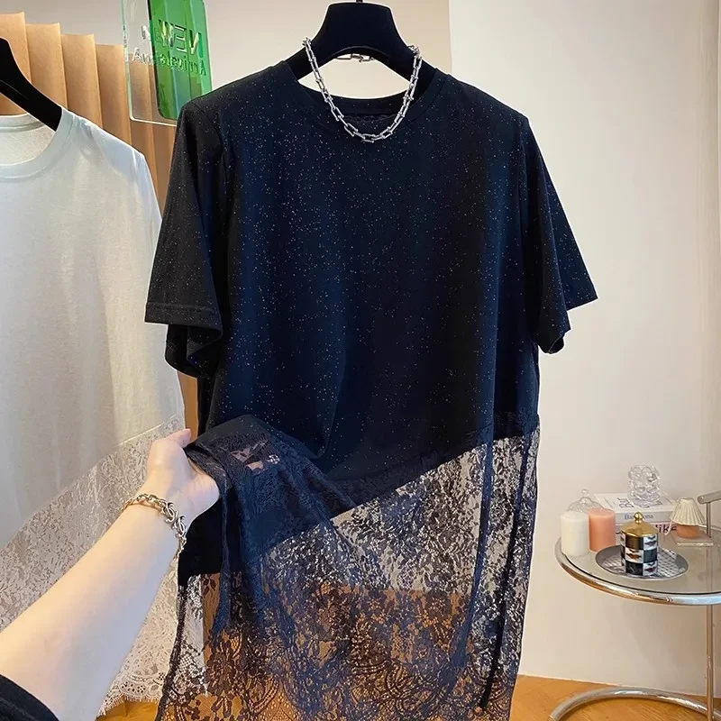 胖mm小众高级感网纱蕾丝拼接t恤女大码短袖夏中长款宽松外穿上衣