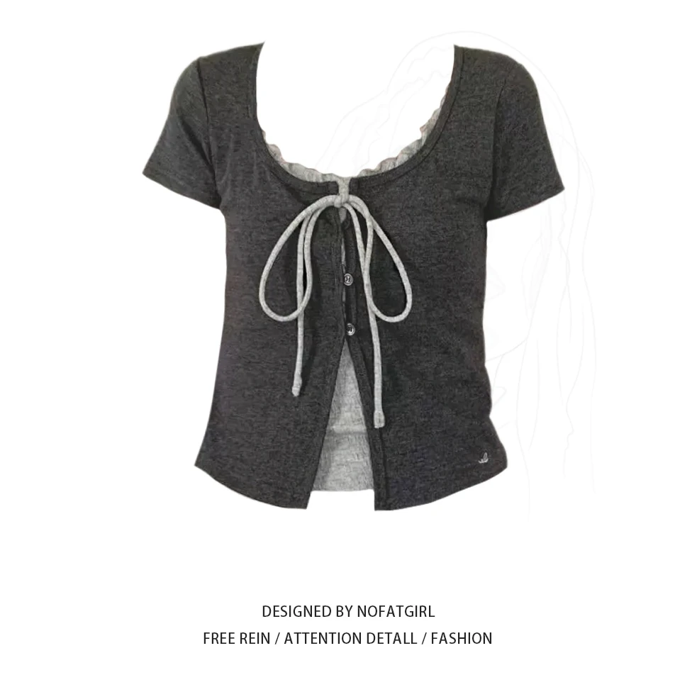 大码胖MM夏装新款bm风纯欲甜辣短款假两件系绳V领短袖T恤女上衣潮