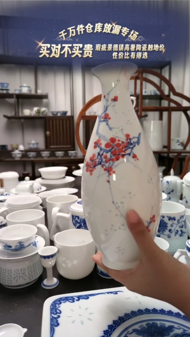 【闪购商品】瓷手绘青花釉下五彩玲珑花瓶一个