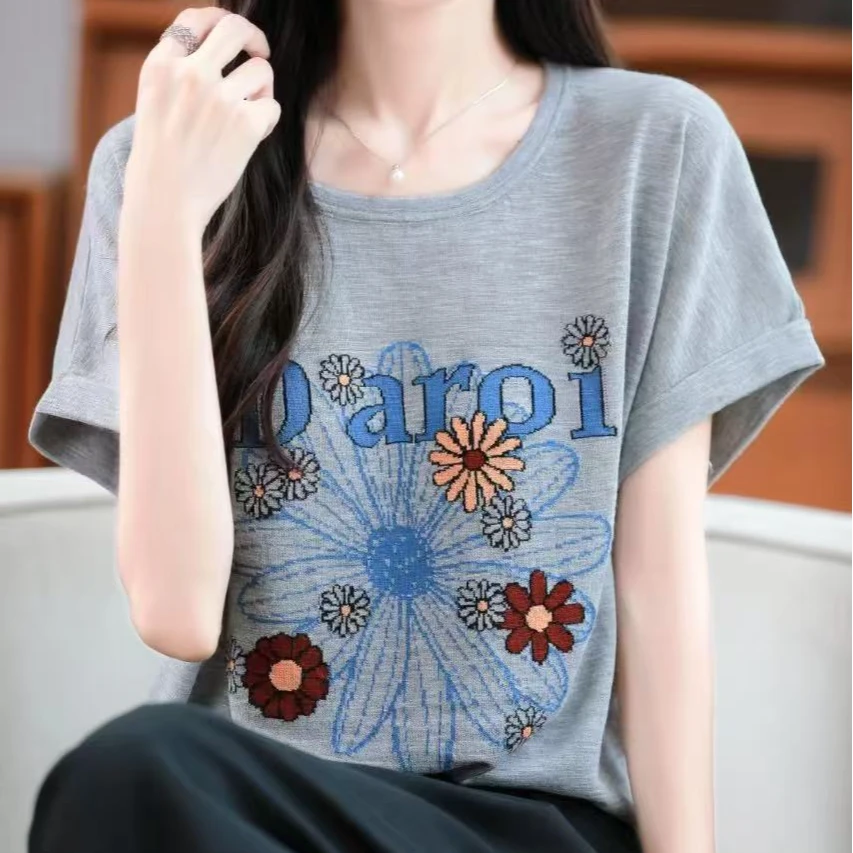 法式百搭夏季竹节麻时尚薄款显瘦三分袖圆领宽松绣花T恤