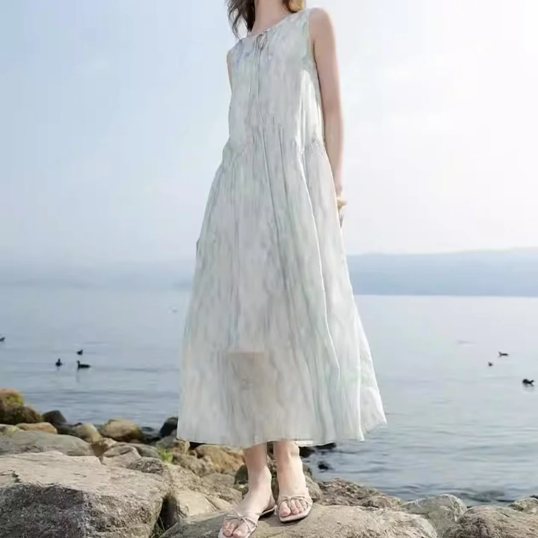 K3070 夏季新款莱赛尔连衣裙圆领系带背心裙宽松长裙 Q891-95527