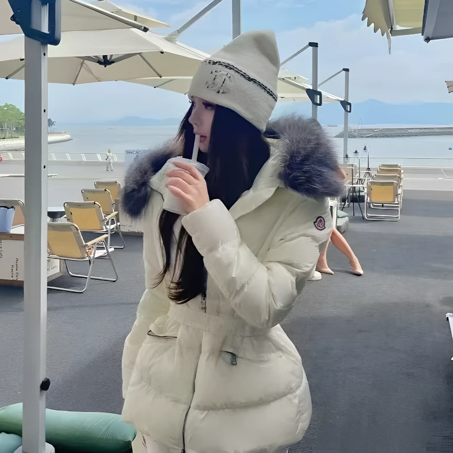 腰带收腰超大毛领羽绒服女短款修身显瘦蒙家口袋反季清仓冬季外套