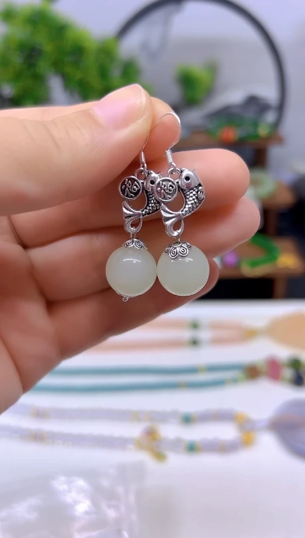 和田玉（白玉）银S925镶嵌耳饰E783