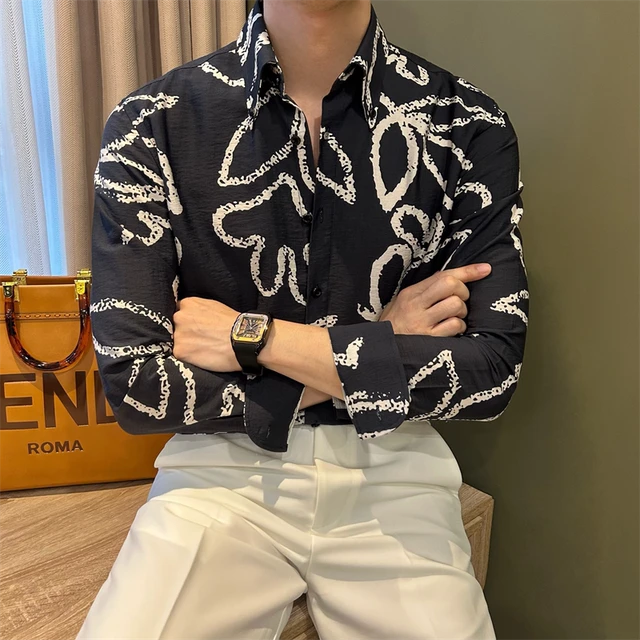 NR先生时尚长袖松弛感印花衬衫慵懒风潮流垂感休闲方扣领男士衬衣