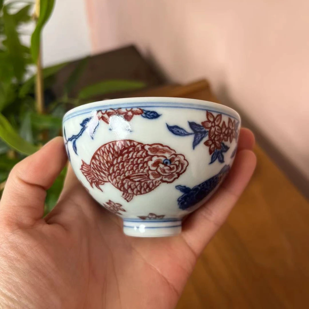 景德镇青花釉里红手工手绘高端颜值高鱼儿鸡心杯陶瓷主人杯茶具