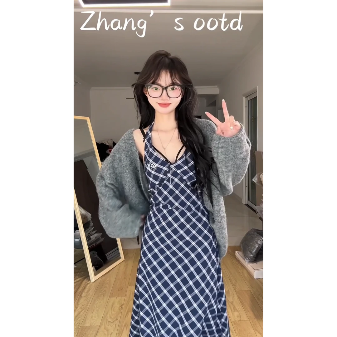 MARIE.COCO慵懒两件套装女早春毛衣开衫藏青色格子连衣裙潮ins