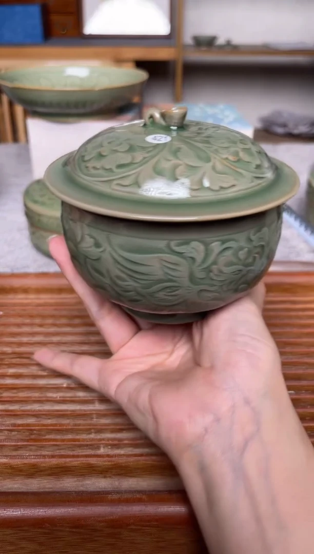 其他王晓娜 纯手工秘色凤穿牡丹蜗牛盖碗