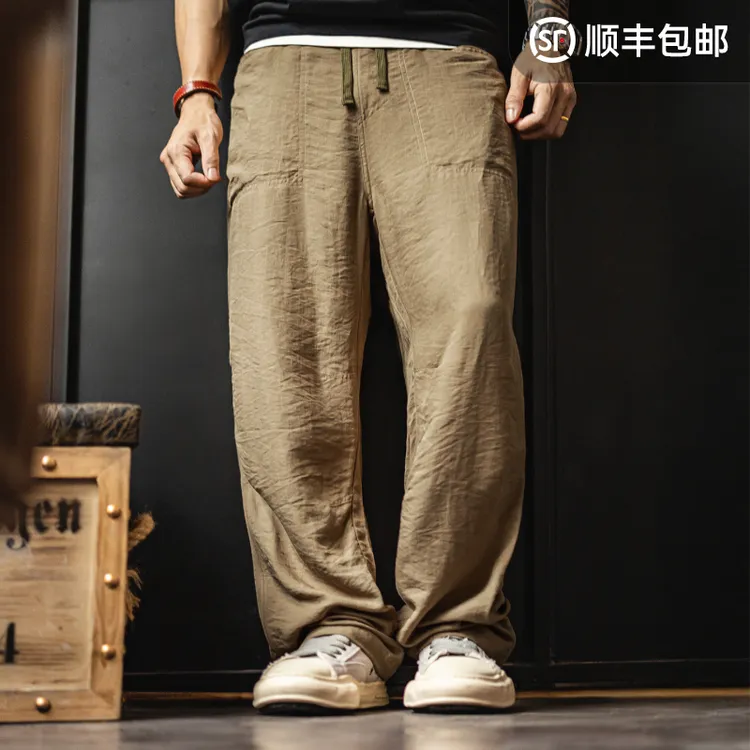马登工装卡其色贝克裤老钱风薄款垂感莱赛尔天丝亚麻长裤子男夏秋