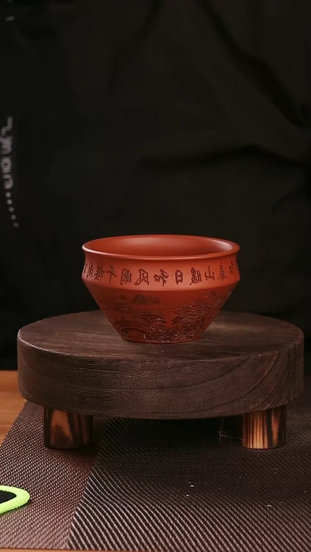 茶杯紫砂小桥流水紫砂手工刻绘主人杯100CC