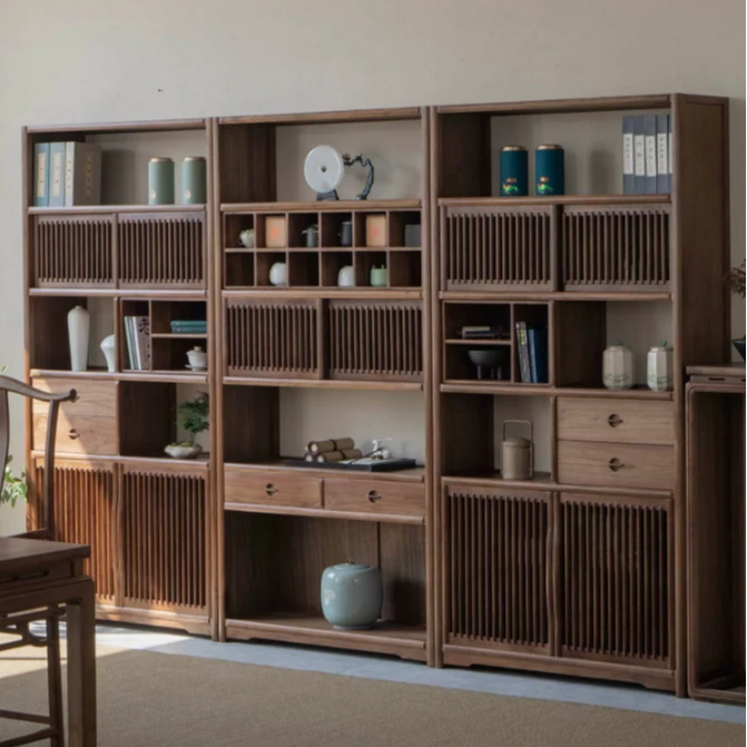 老榆木新中式书架简约禅意书柜书房落地客厅办公室茶柜置物架