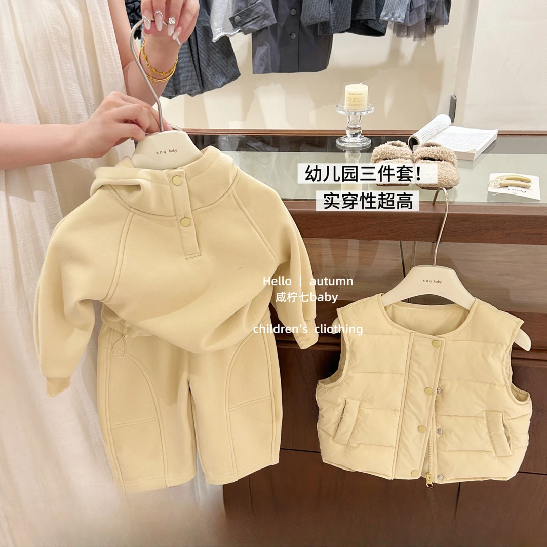 咸柠七女童套装秋冬款儿童韩版夹棉马甲连帽加绒卫衣卫裤套装