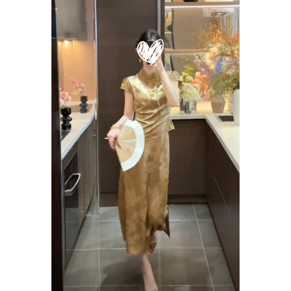 新中式国风提花短袖上衣+气质显瘦百搭半身裙女修身开叉高级套装