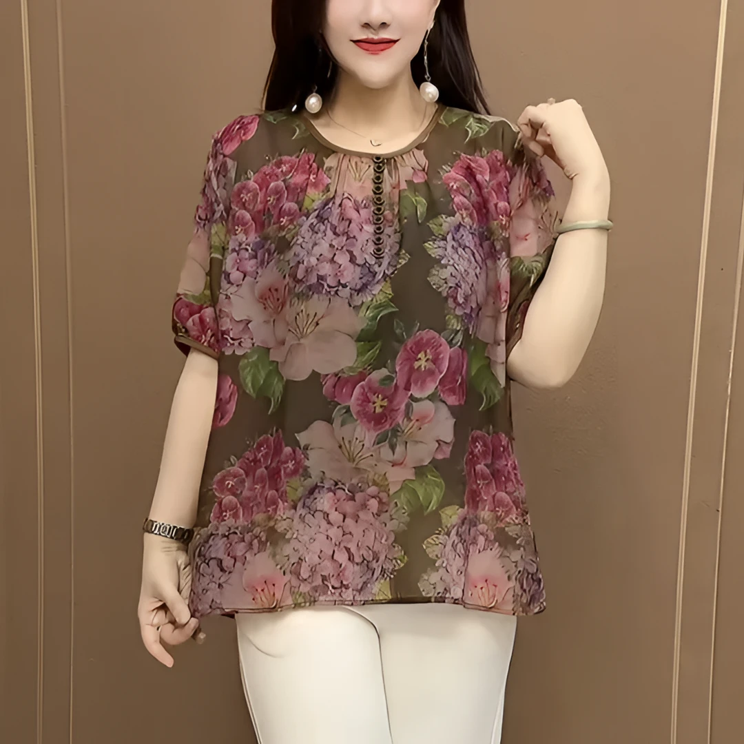 夏款时尚百搭妈妈装防晒衣2025新款宽松休闲印花中老年女装雪纺衫