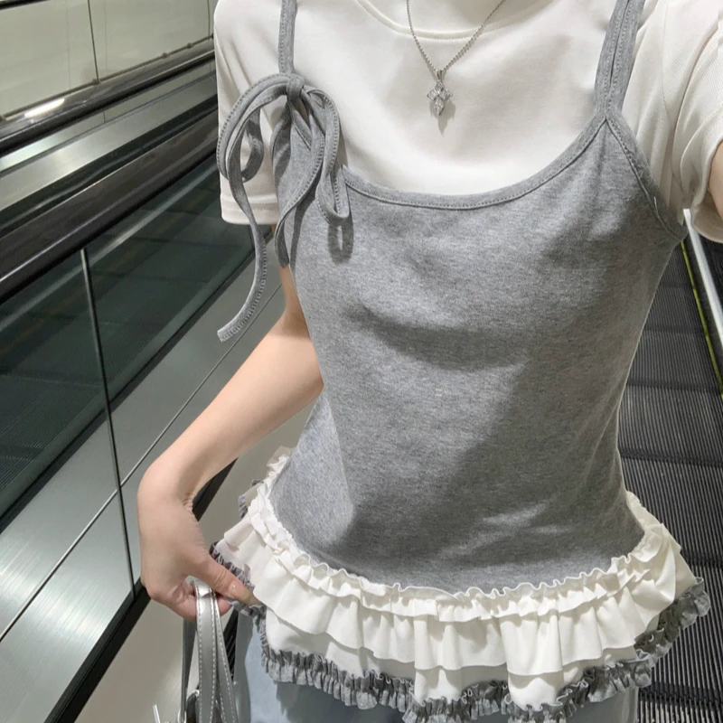 大码春夏新款拼接甜辣小众木耳边叠吊带短袖T恤