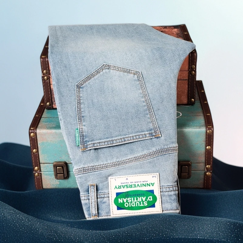 巴赛娜缇春夏新款牛仔裤男刺绣水洗男士牛仔长裤弹力修身小直筒裤