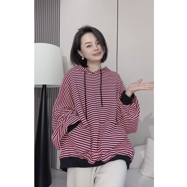 大掌柜推荐 韩版新款撞色条纹连帽休闲套头卫衣女