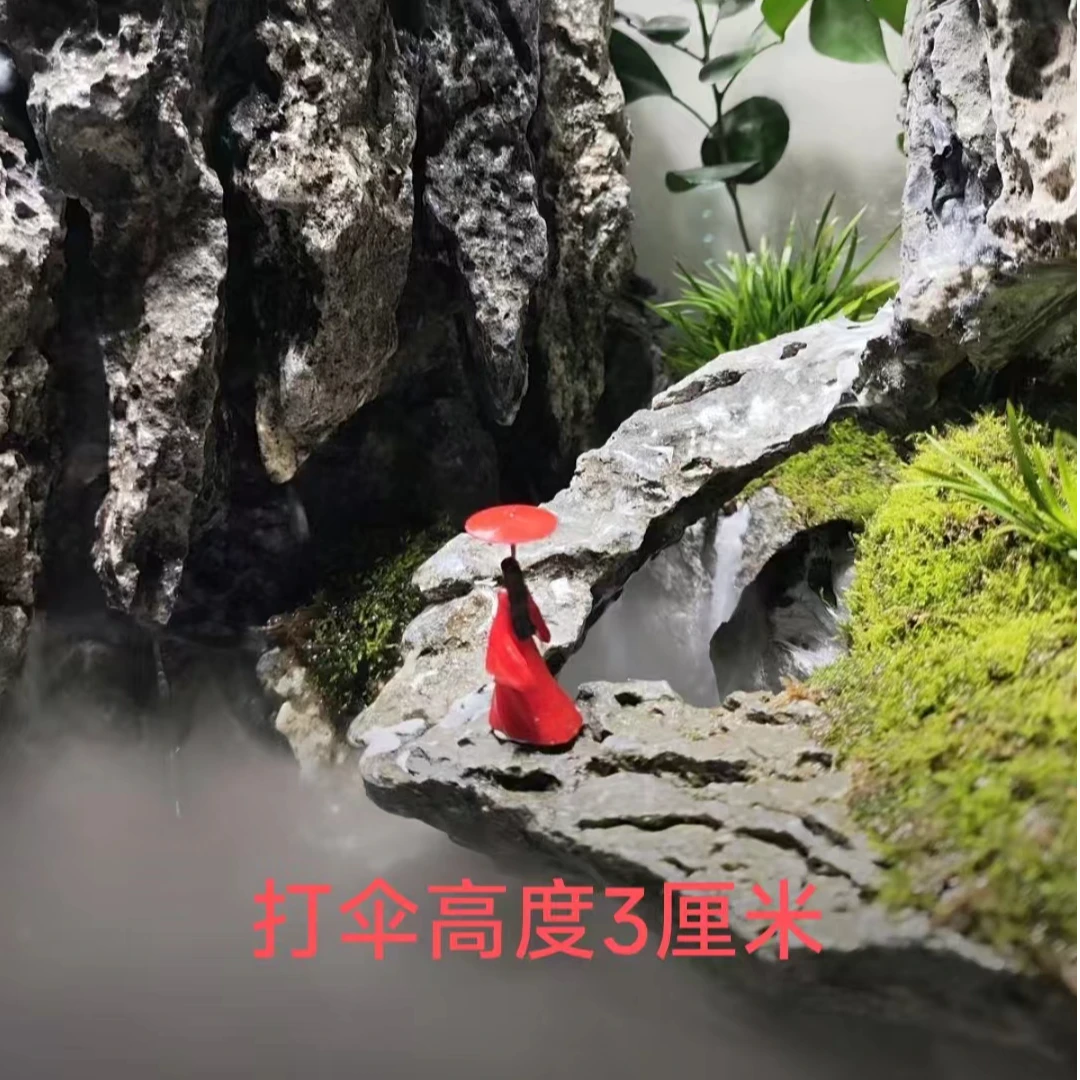 微型铜材质打伞盆景假山水陆缸摆件