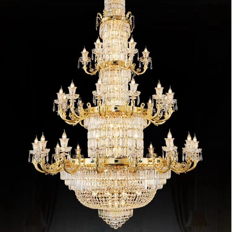 新款全铜欧式复式楼别墅大吊灯高级客厅主灯轻奢挑空楼梯水晶灯具