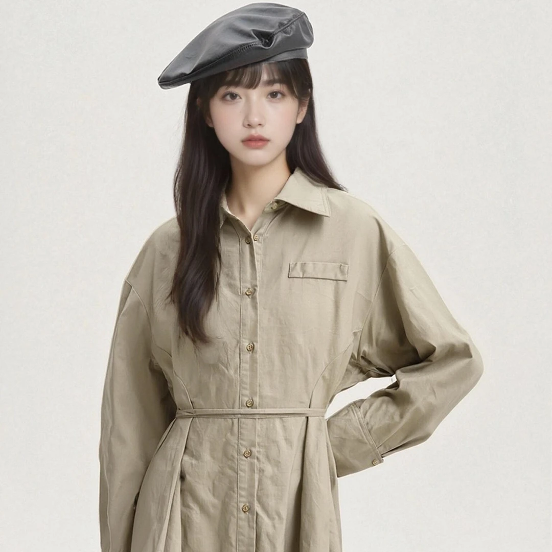 唐狮衬衫裙中长裙松紧腰连衣裙单排扣春秋长袖128323104702