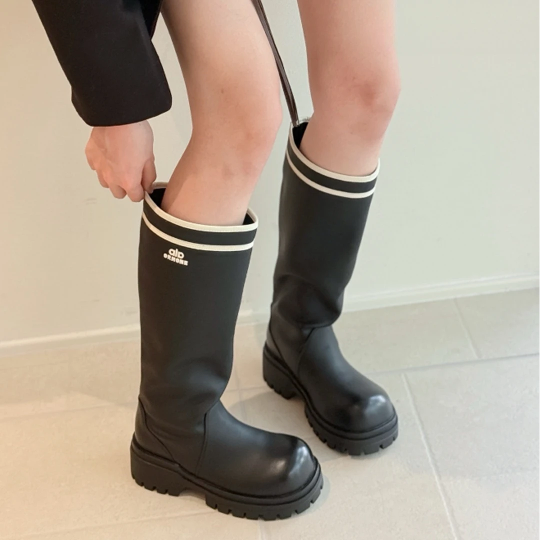 真皮欧洲站粗跟厚底大头骑士靴女2025秋新款不过膝显瘦机械女靴