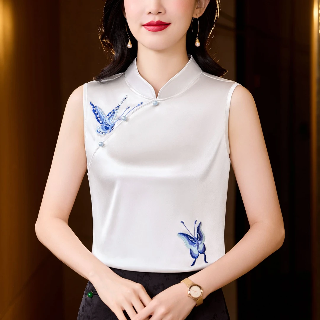 夏季新中式旗袍领刺绣蝴蝶无袖上衣新款缎面内搭可外穿打底小衫女