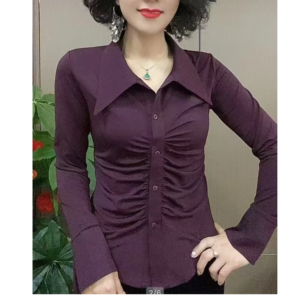 2025春季新款长袖翻领时尚减龄潮流洋气显瘦女士打底小衫长袖上衣