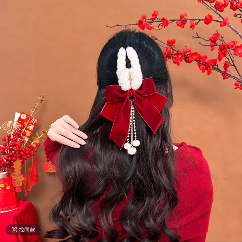 红色大蝴蝶结超仙甜美抓夹时尚百搭法式毛绒发夹送女生老婆礼物