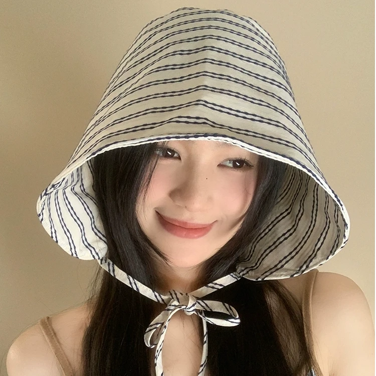 条纹大帽檐环绕式渔夫帽子女夏季防紫外线时尚遮阳百搭薄款防晒帽