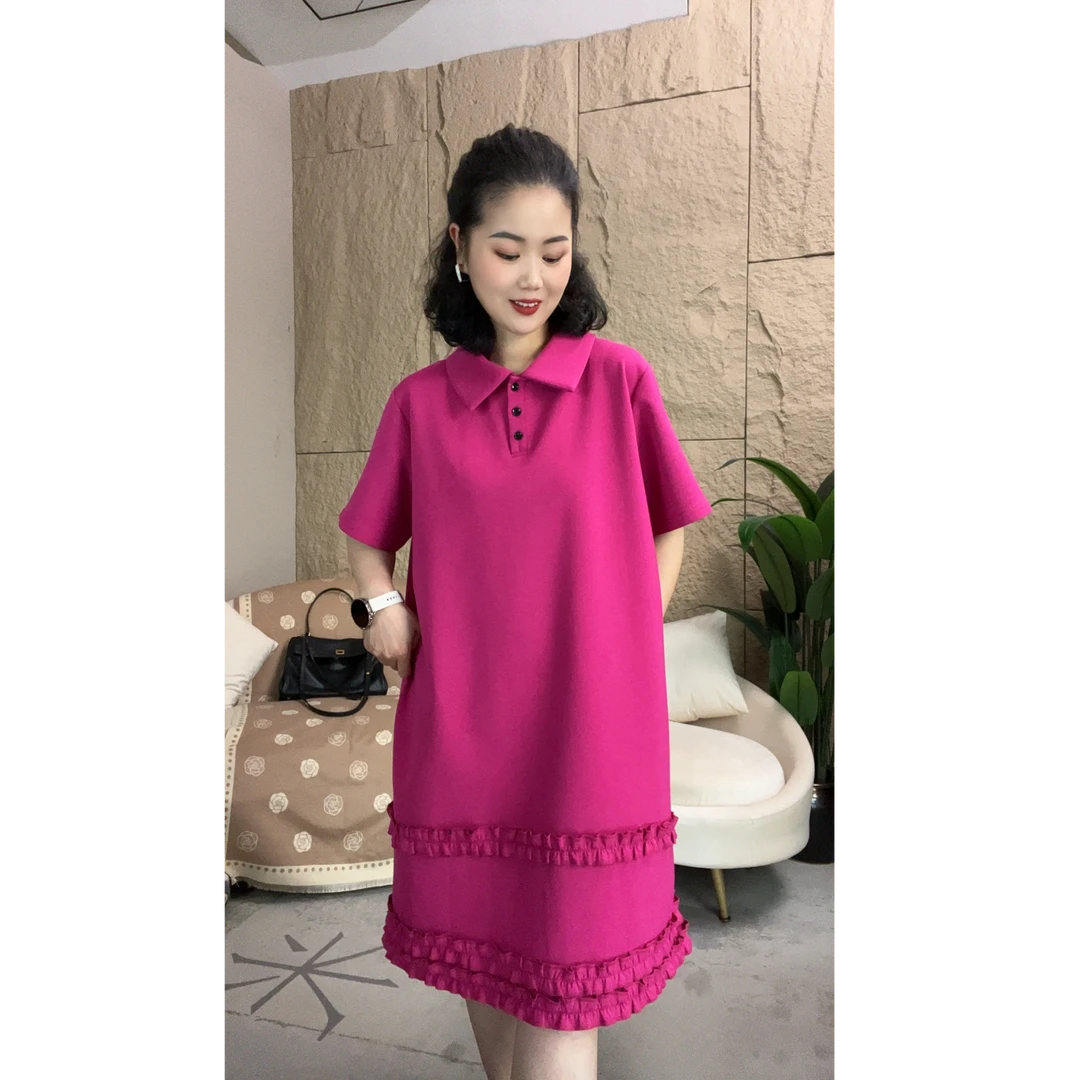夏季新款Polo领-木耳边下摆透气冰感舒适气质高雅连衣裙（短款）