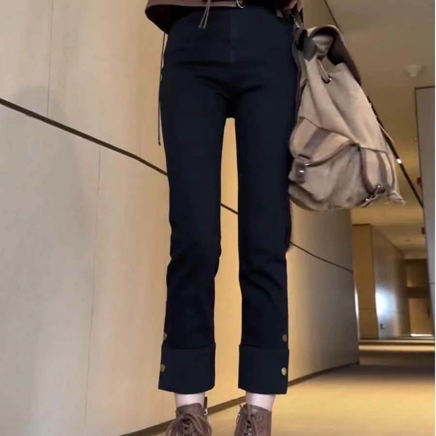 Yuanzhan/媛站高腰秋季烟管裤复古港风女牛仔裤微喇秋显瘦休闲