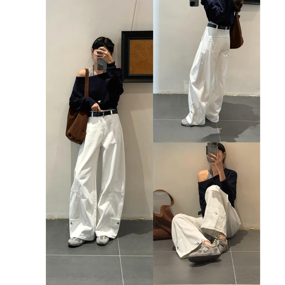 复古阔腿牛仔裤女2025秋冬新款白色美式高腰宽松直筒弯刀裤