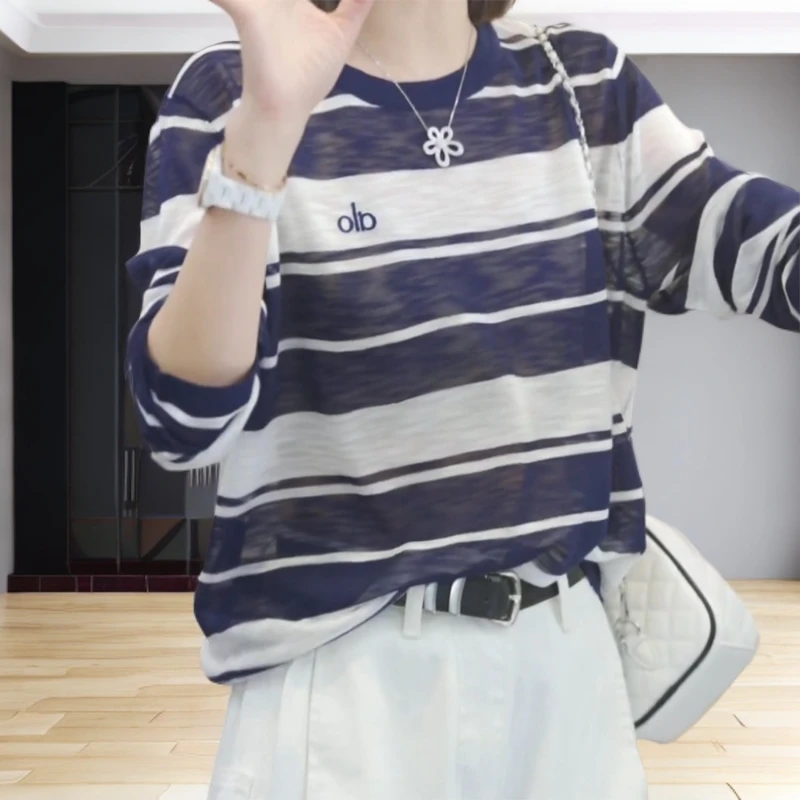 【槐月初晴】时尚韩版休闲针织条纹长袖防晒罩衫C5210