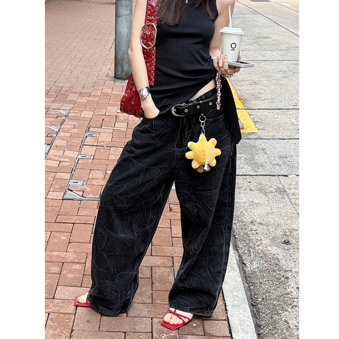 时髦街头做旧小众设计直筒裤炒砂工艺牛仔阔腿长裤