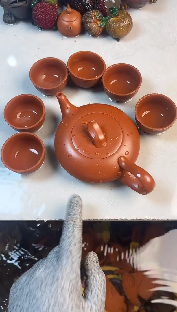 一帆风顺朱泥扁壶+6杯+壶绳