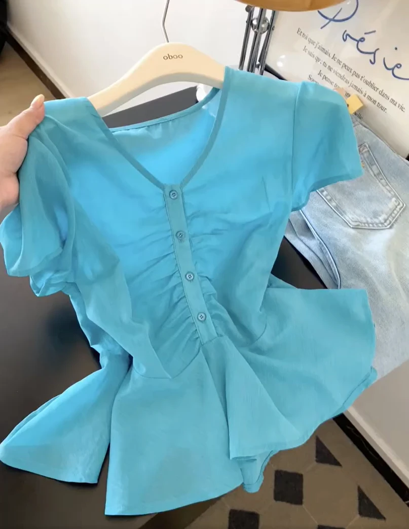 2025新款短袖上衣女夏法式独特漂亮掐腰娃娃衫小众不撞衫衬衫