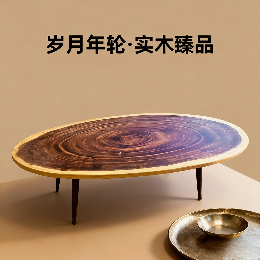 (一物一拍)胡桃木茶桌茶几茶盘年轮家用极简圆形直播间为准