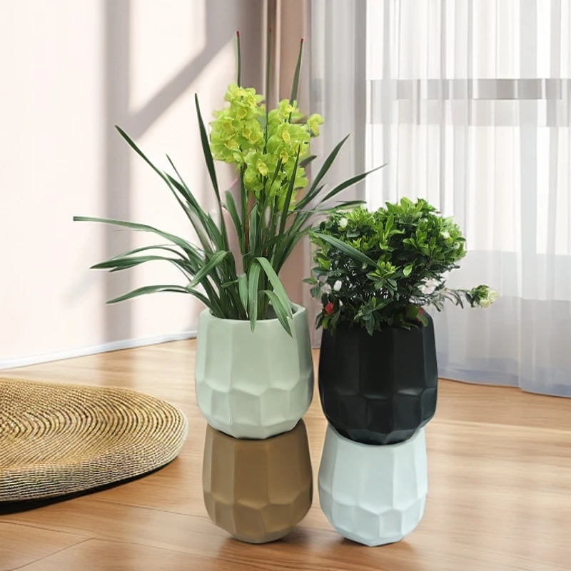 万家六角菱形镁泥盆大口劲花瓶黑金刚鸭脚木高山榕欧式简约轻奢风