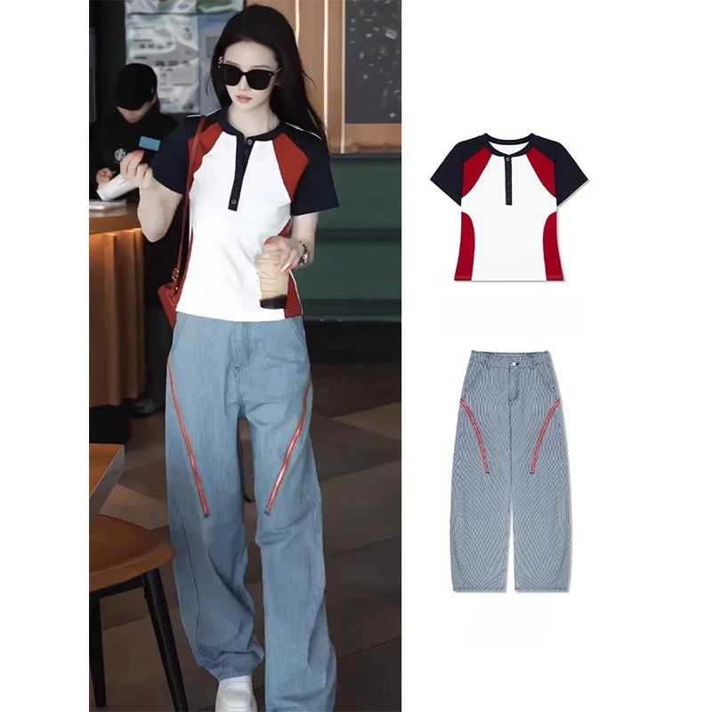 2025夏季新款韩系穿搭一整套时尚拼接短袖上衣直筒休闲裤两件套女