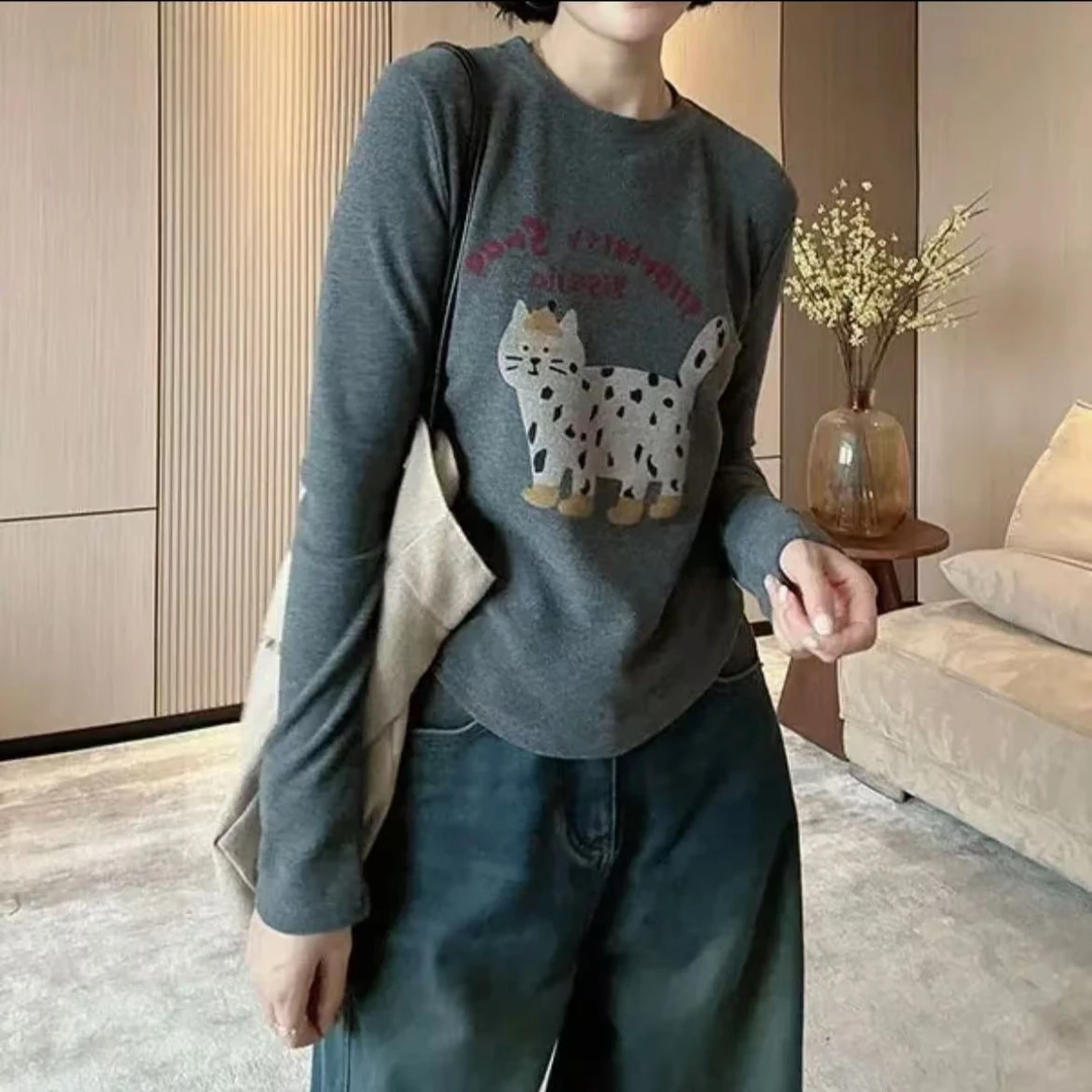 2024秋季新款韩版卡通猫咪磨毛保暖打底衫6759