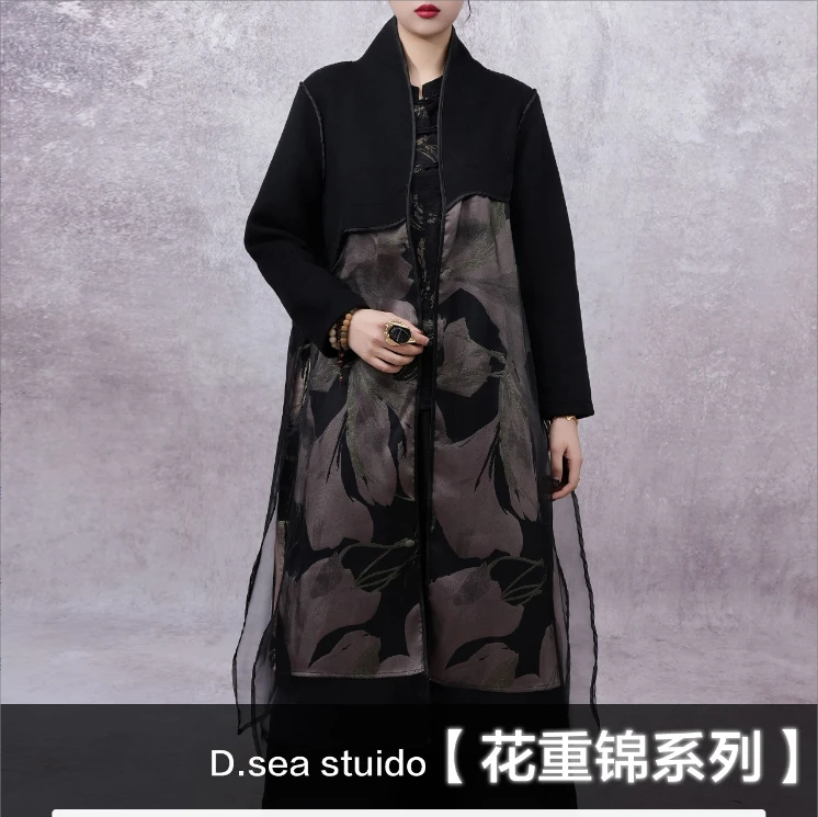 【大海轻奢】W23742新款黑色花刺绣拼纱设计师款时尚大衣师时尚大衣