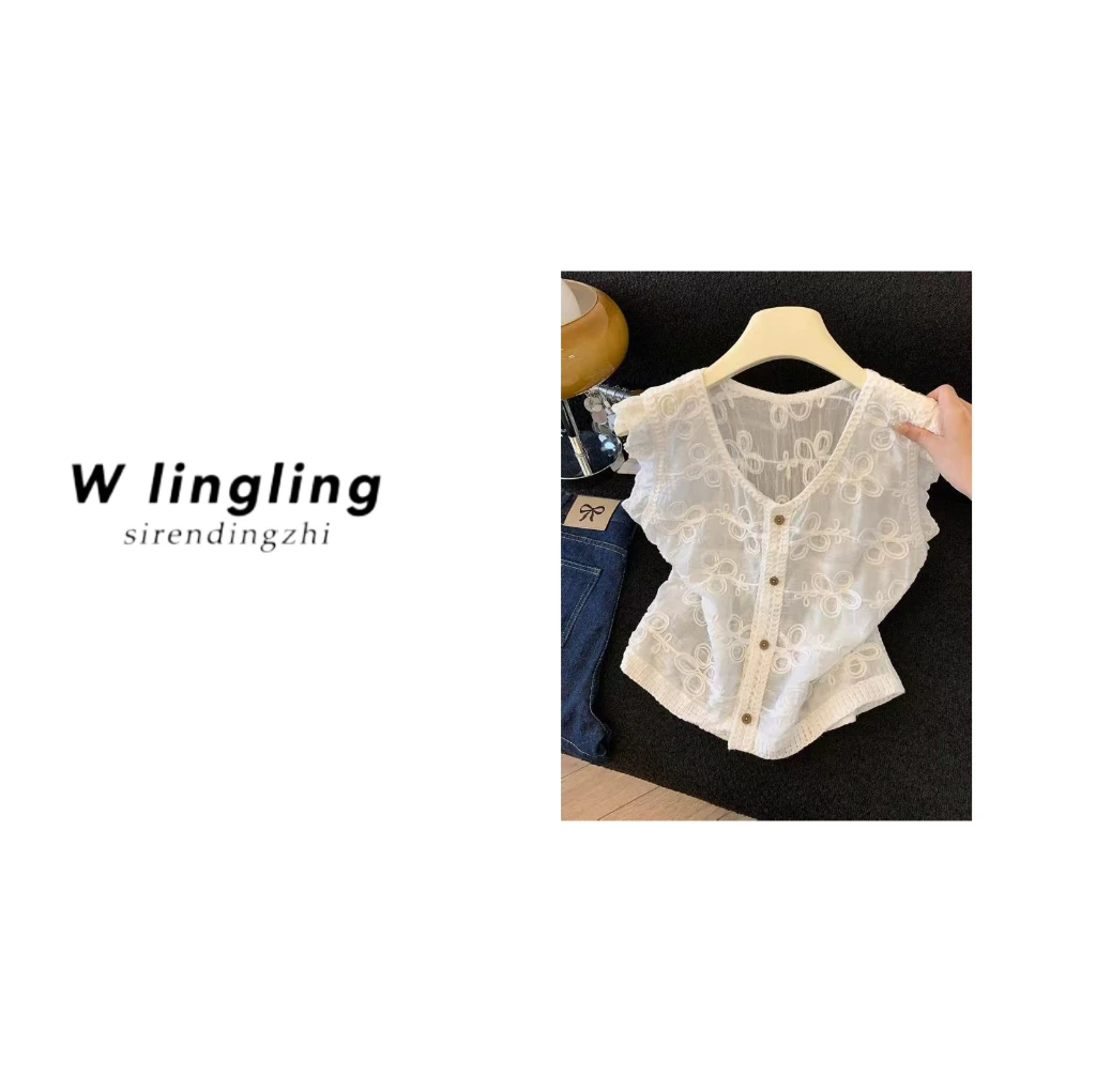 【玲姐专属】夏季法式重工刺绣蕾丝花边无袖背心衬衫短款上衣3350