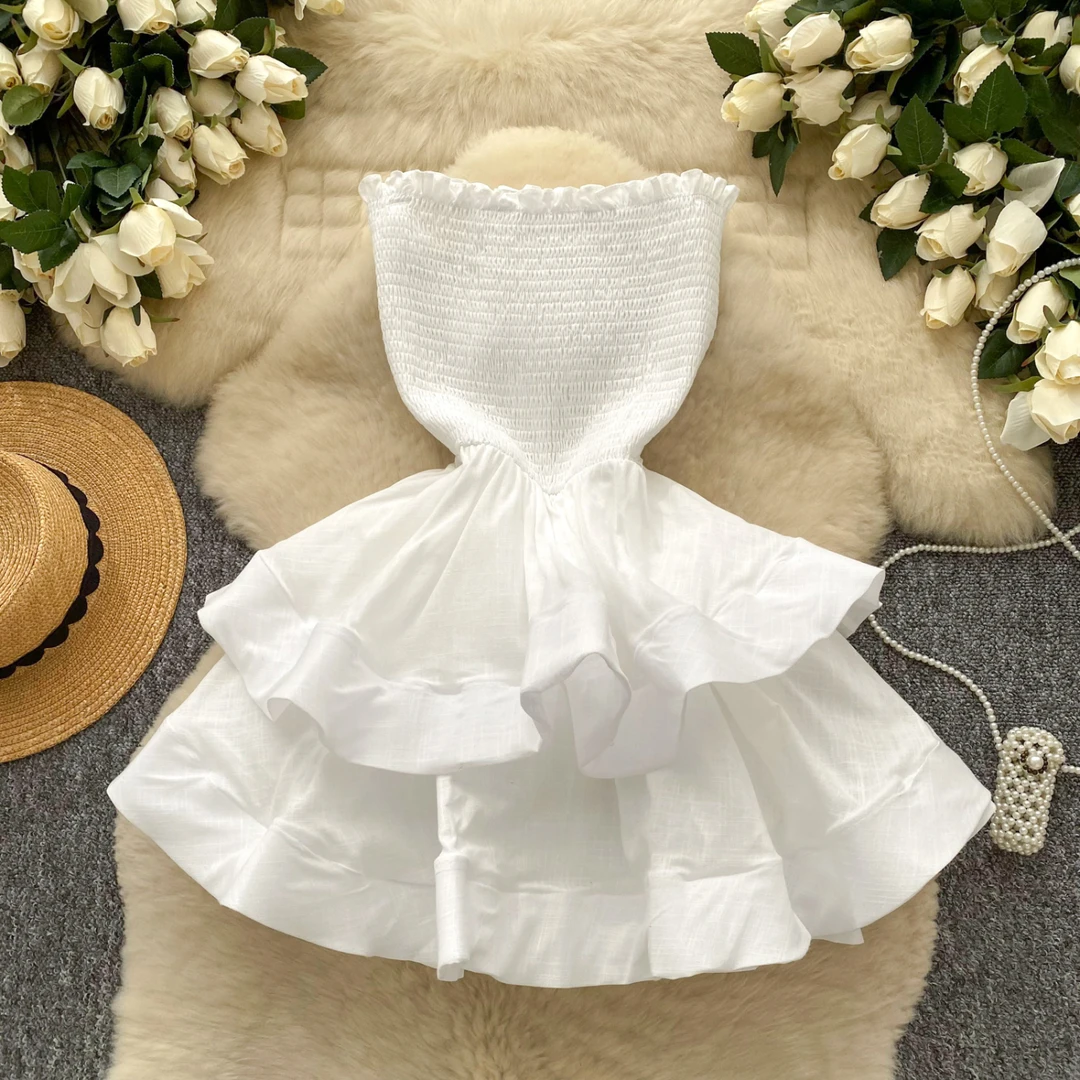 纯欲辣妹无袖抹胸裙子夏装2025新款法式收腰气质荷叶边蓬蓬连衣裙