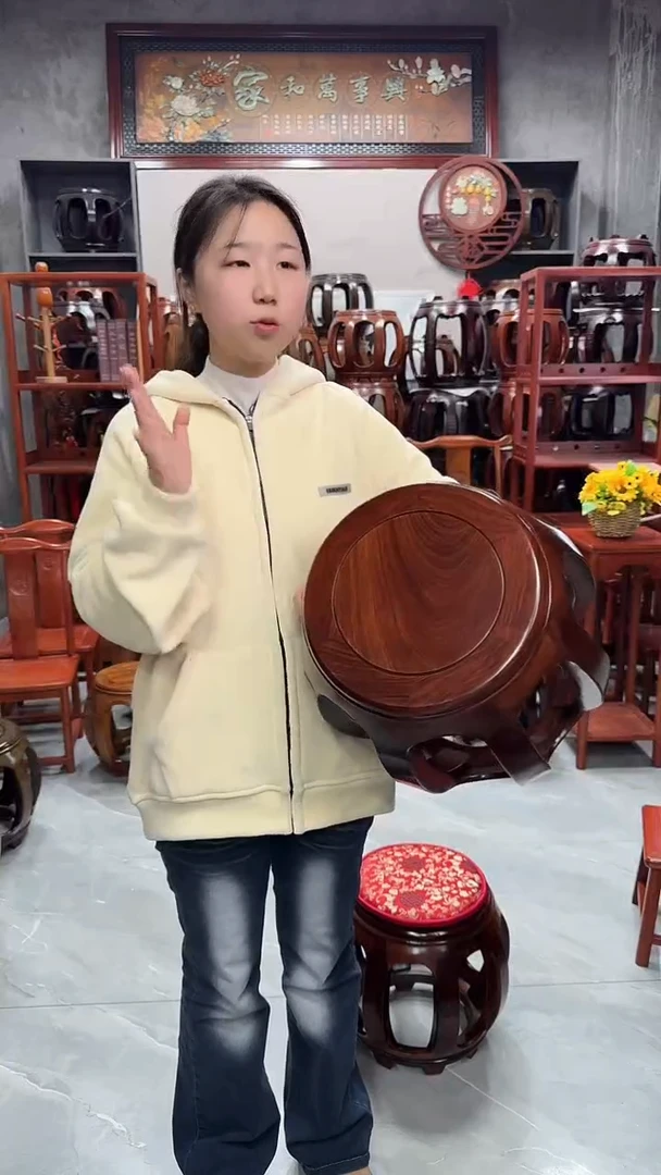 花梨木类家具胡桃色大号鼓凳一对（两条）