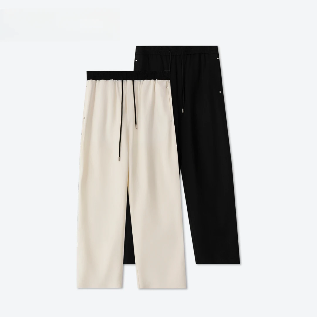 【天丝亚麻混纺老钱风阔腿裤】夏款撞色拼接宽松百搭直筒裤-25037