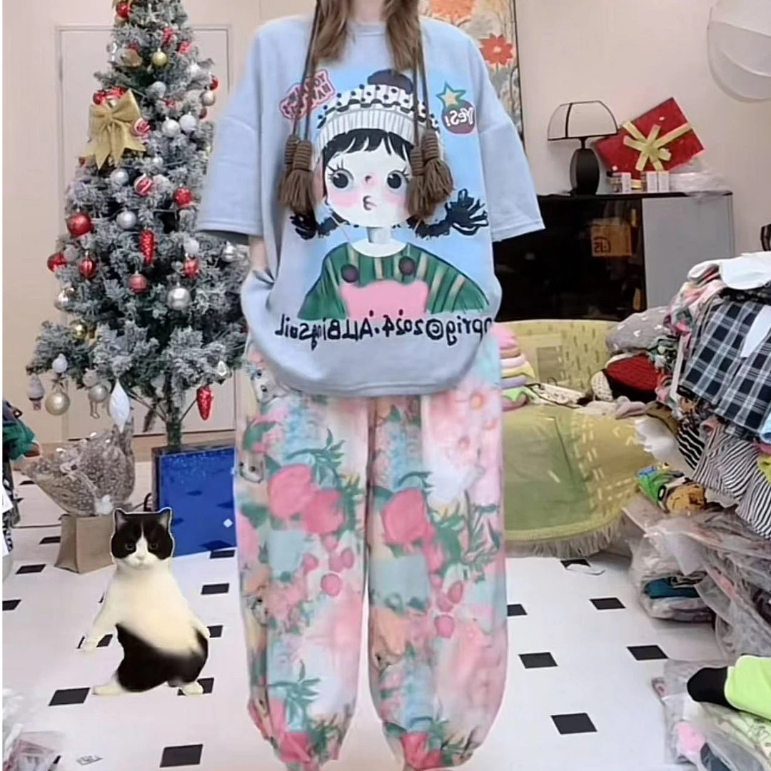 大码女装灰蓝色辫子女孩短袖花苞束脚裤套装