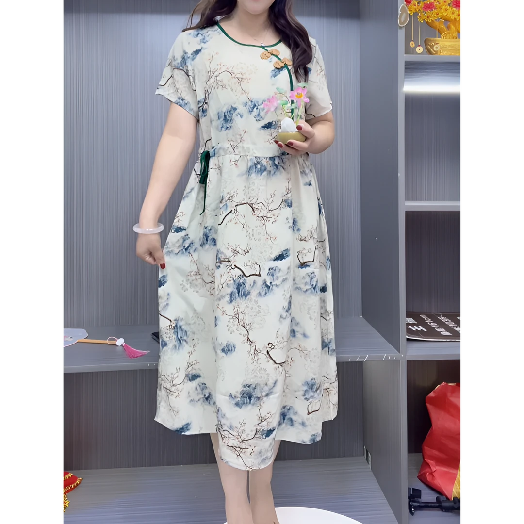 高品质连衣裙女夏季妈妈短袖中长款连衣裙时尚洋气收腰显瘦碎花裙