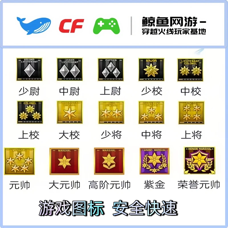 CF穿越火线游戏经验等级少尉大校大元帅高阶元首紫金荣誉元帅徽章
