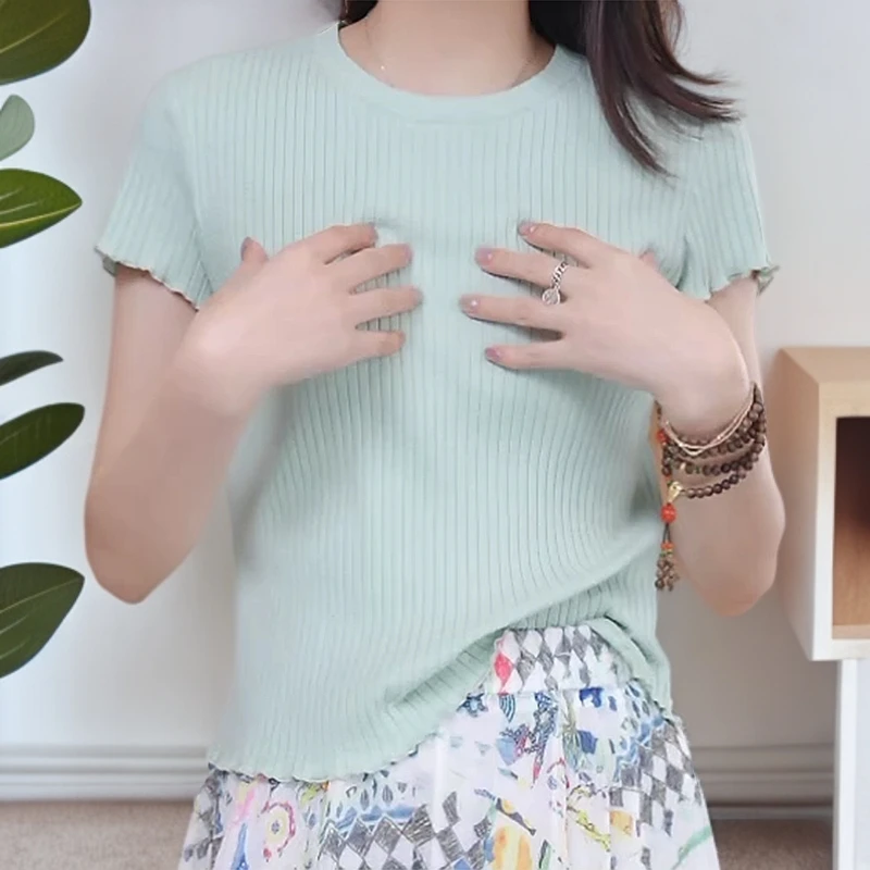 2025时尚轻奢气质显瘦针织T恤休闲百搭夏季纯色针织T恤