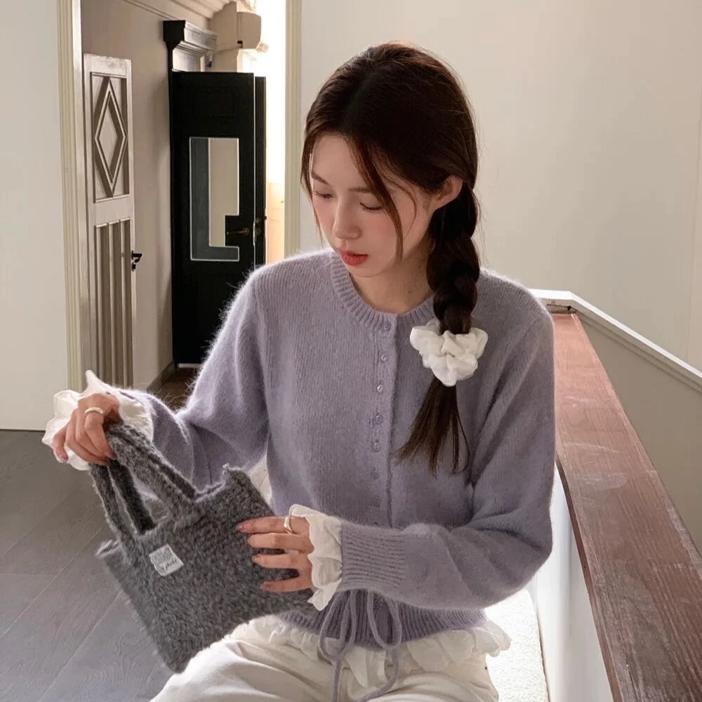 绝绝紫~双拼开衫甜美花边收腰毛衫温柔风毛衣法式蕾丝针织衫绑带