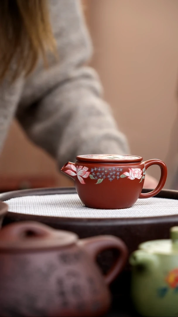 【闪购商品】紫砂茶壶大红袍无钮汉瓦泥绘繁花